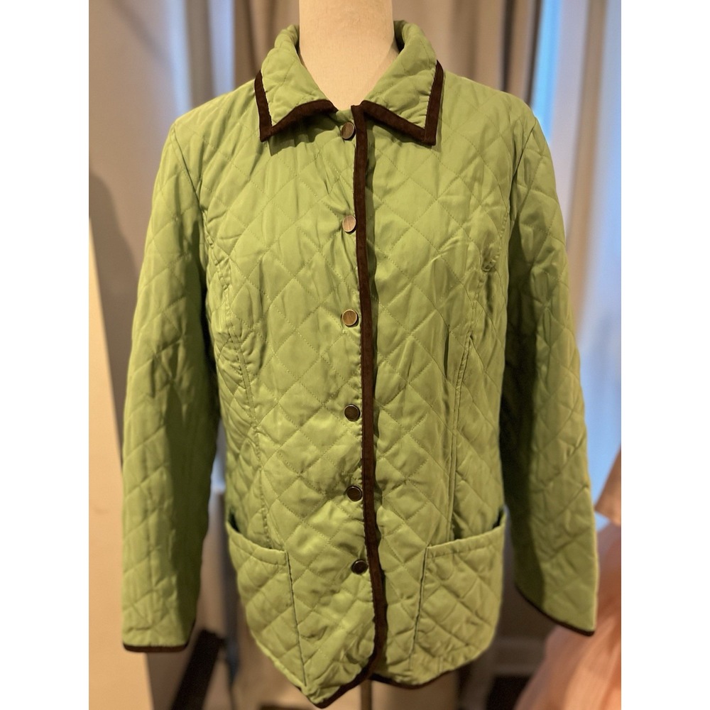 Joan Rivers Quilted Pattern Jacket With Snaps Medium Green With Brown Trim